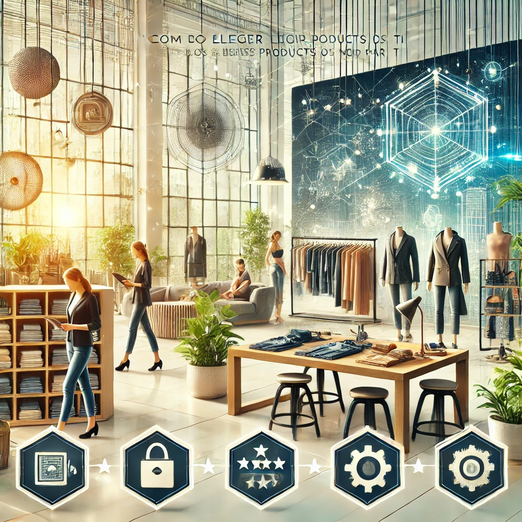 Productos de Moda: Estilo, Funcionalidad e Innovación 5 Personas comprando productos de moda duraderos y sostenibles en tiendas y plataformas modernas.