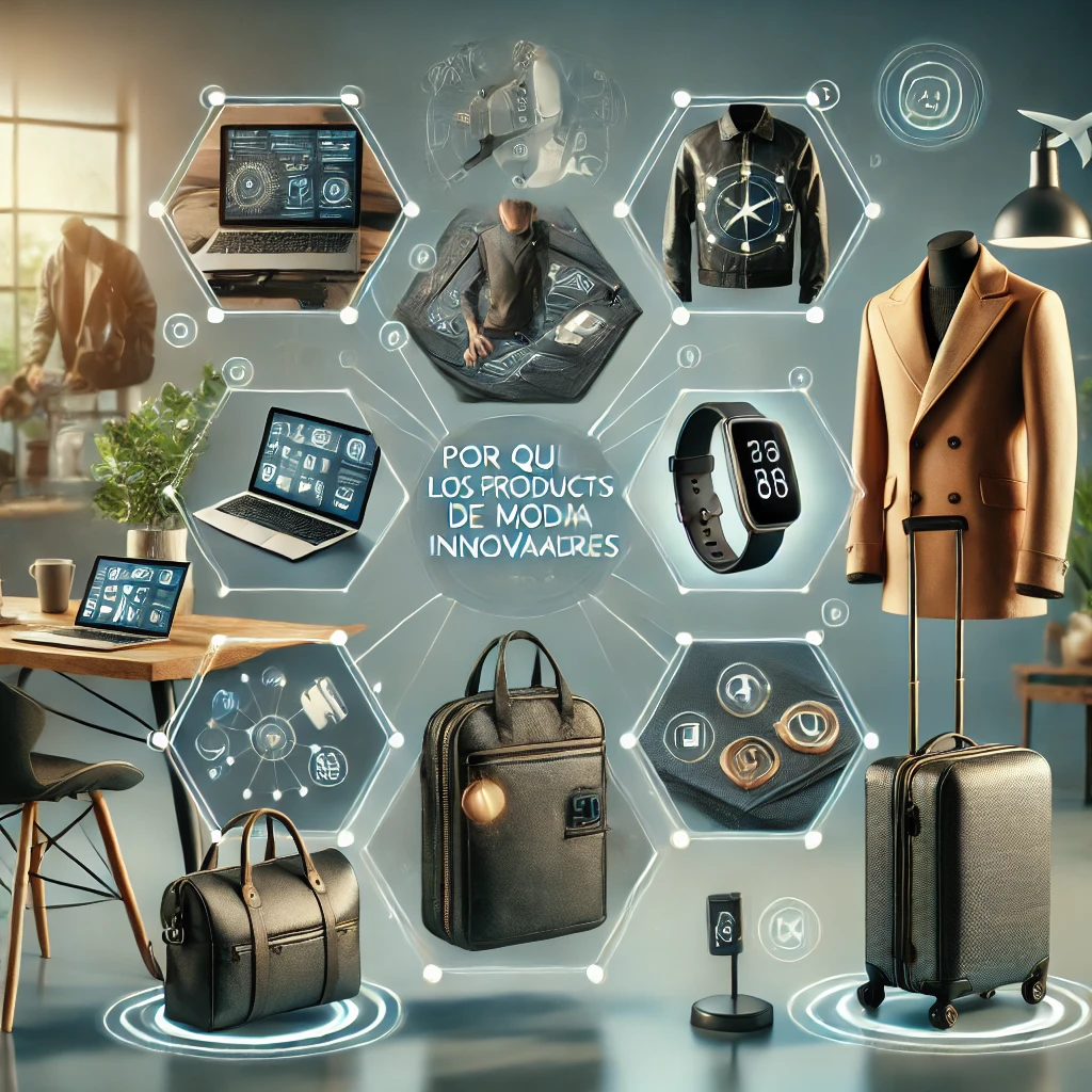 Productos de Moda: Estilo, Funcionalidad e Innovación 4 Productos de moda innovadores como joyería inteligente, bolsas convertibles y ropa multifuncional en un entorno moderno.